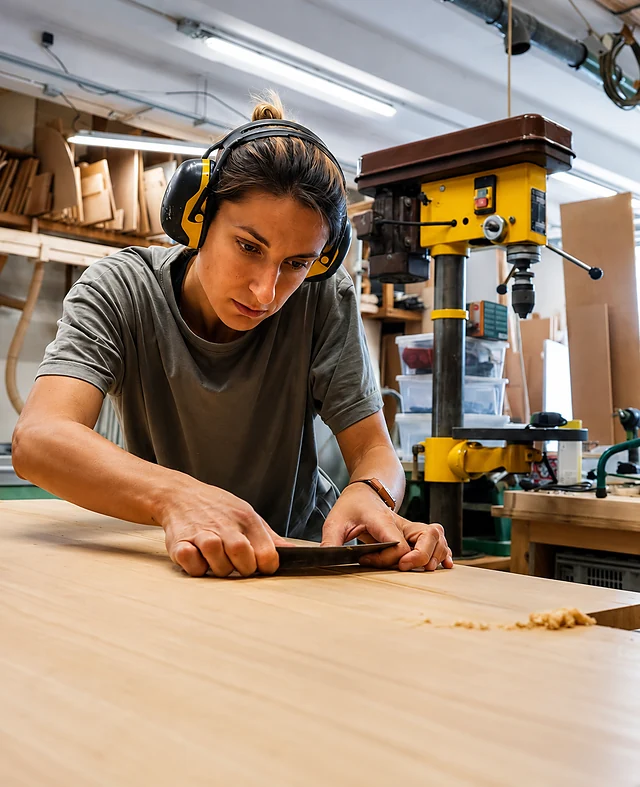 Alice Dubois au travail sur un établi de l'atelier, casque antibruit sur les oreilles.