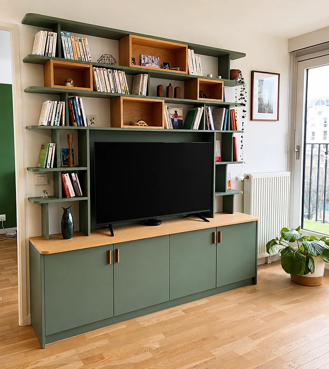 Bibliothèque murale vert sauge à tablettes décalées, niches en chêne et meuble TV bas assorti.