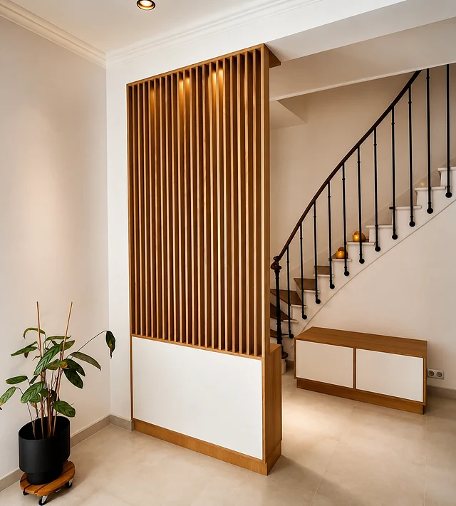 Claustra en tasseaux de chêne séparant une entrée d'un escalier, avec banc-rangement assorti.