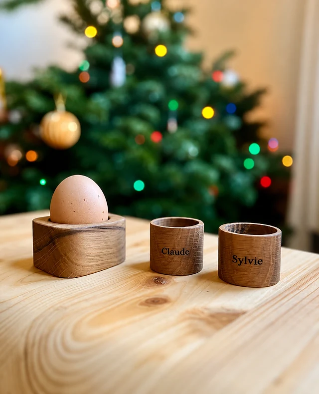 Trois coquetiers en chêne gravés de prénoms, posés sur un plateau en frêne.
