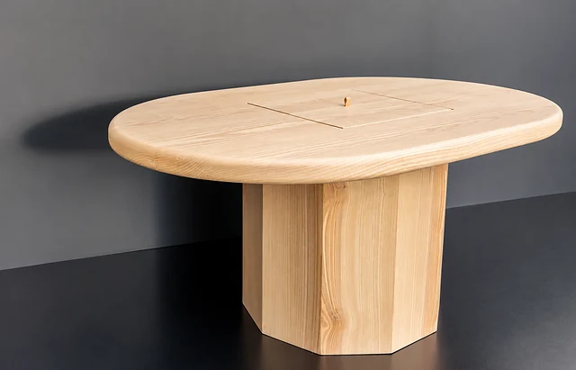 Table ronde en frêne massif, plateau galbé et piètement octogonal, devant un mur gris foncé.